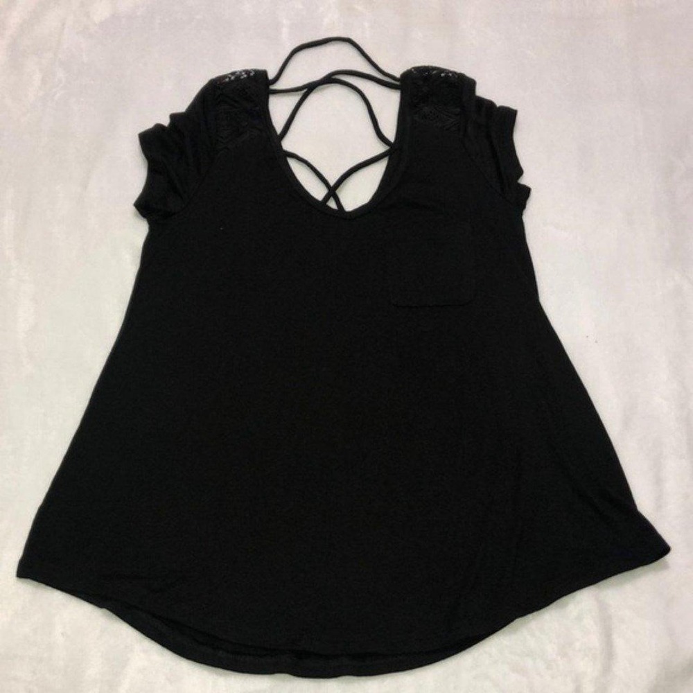 Black V Neck Top with Lace Shoulders & Criss Cross Back - Casual